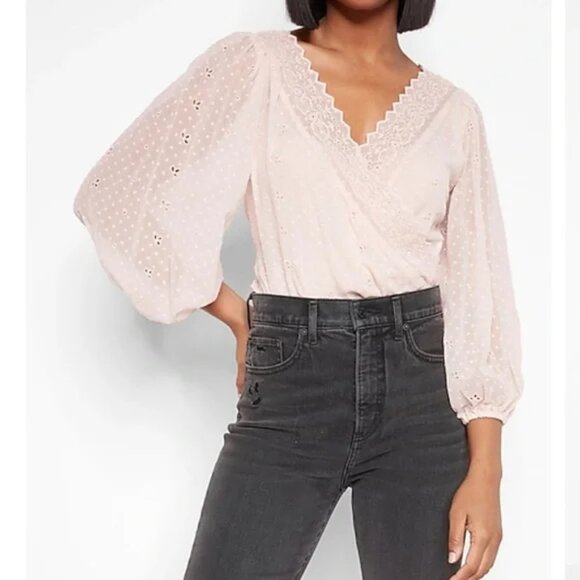 Express Surplice Blush Pink Eyelet Lace Wrap Long Sleeve Bodysuit Top - Picture 1 of 13